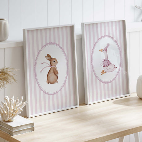 Purple Pink nursery wall art set with cute bunny and goose digital prints for baby girl room