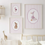 Pink nursery wall art set with bunny goose and mushrooms in soft pastel stripes

