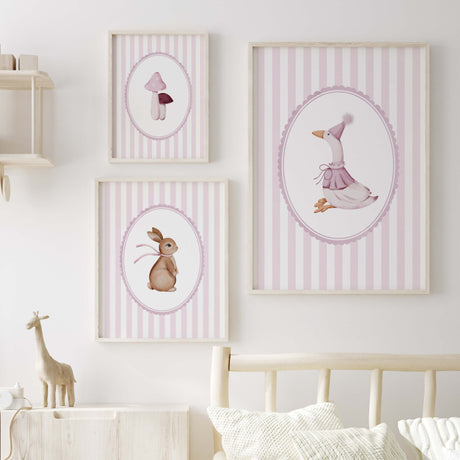 Pink nursery wall art set with bunny goose and mushrooms in soft pastel stripes

