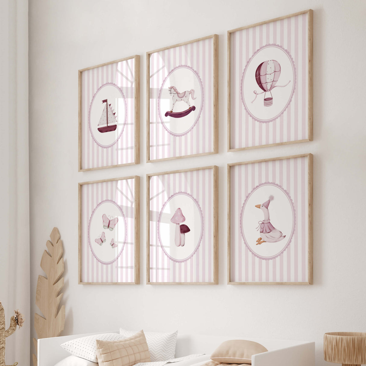 Digital printable wall art for baby girl nursery with pink striped background and cute illustrations

