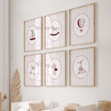 Digital printable wall art for baby girl nursery with pink striped background and cute illustrations

