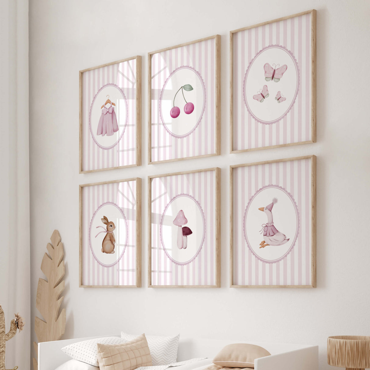 Soft pastel nursery digital prints for girls room with animals fruit and nature elements

