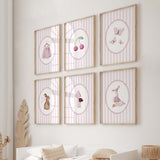 Soft pastel nursery digital prints for girls room with animals fruit and nature elements

