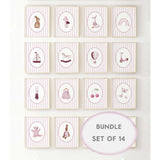 Digital nursery wall art bundle of 14 pink striped prints with animals toys and baby clothes

