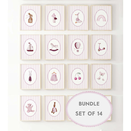 Digital nursery wall art bundle of 14 pink striped prints with animals toys and baby clothes


