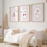Set of 3 pink wall printables for kids room featuring butterfly cherry and baby dress
