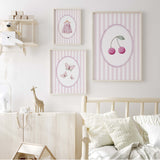 Baby girl nursery digital print set featuring pastel cherries butterflies and clothing art
