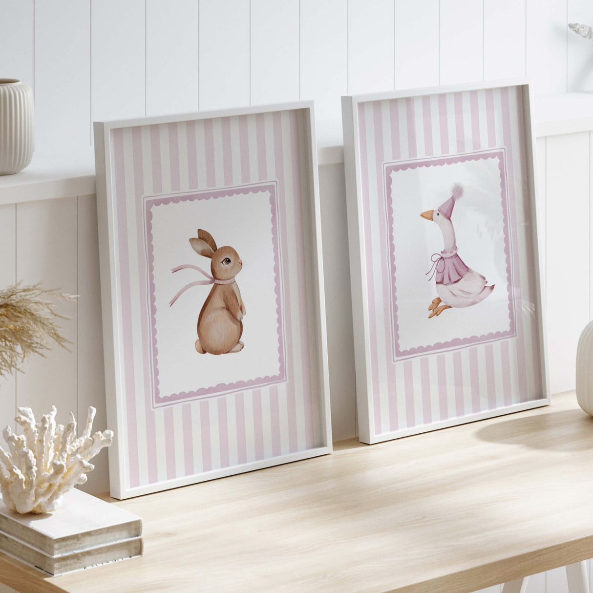 Bunny and goose pastel striped printable wall art for girls nursery decor

