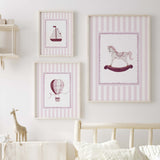 Nursery wall art printables set with sailboat rocking horse and hot air balloon in soft pink

