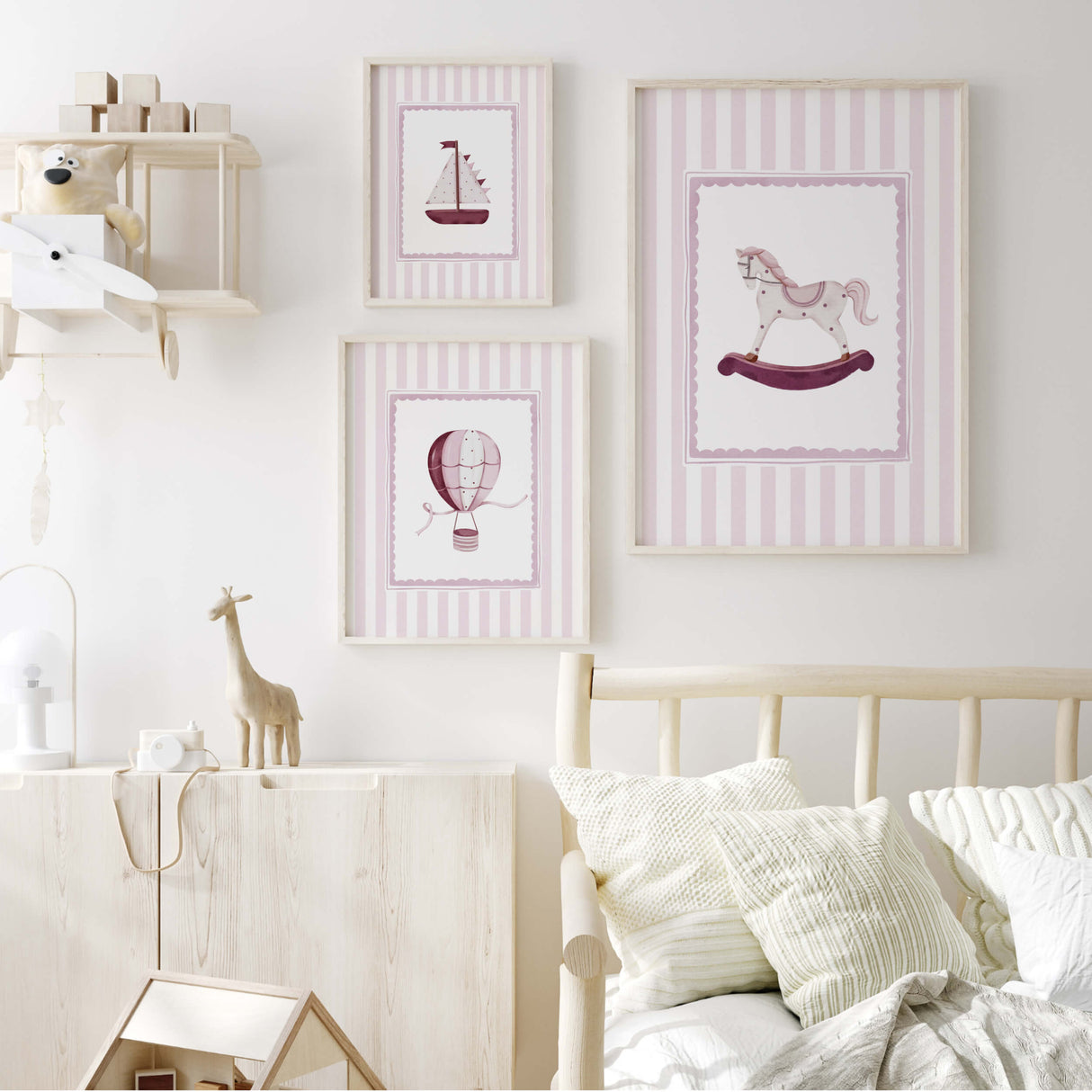 Pink digital prints for baby girl room featuring vintage toys in striped backgrounds

