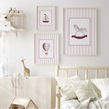Pink digital prints for baby girl room featuring vintage toys in striped backgrounds

