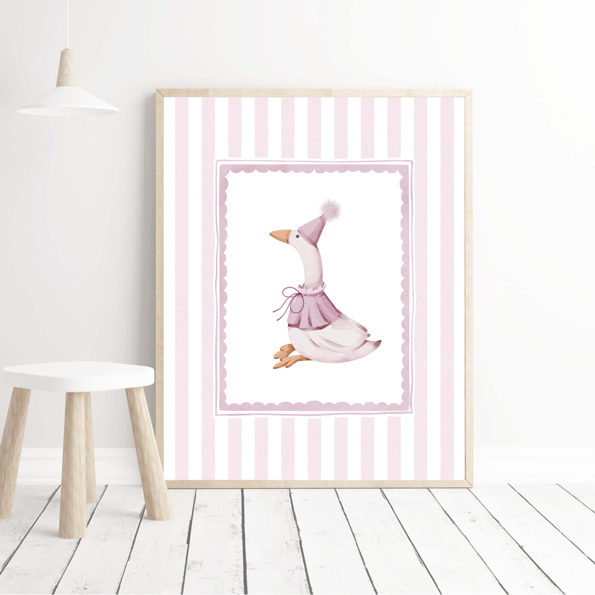 Pink nursery wall art set with cute bunny and goose digital prints for baby girl room

