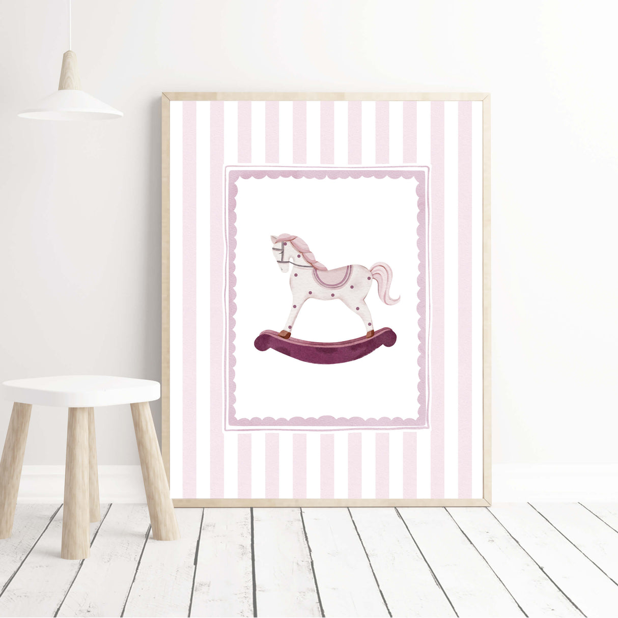 Printable baby wall decor with hot air balloon rocking horse and sailboat illustrations

