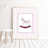 Printable baby wall decor with hot air balloon rocking horse and sailboat illustrations

