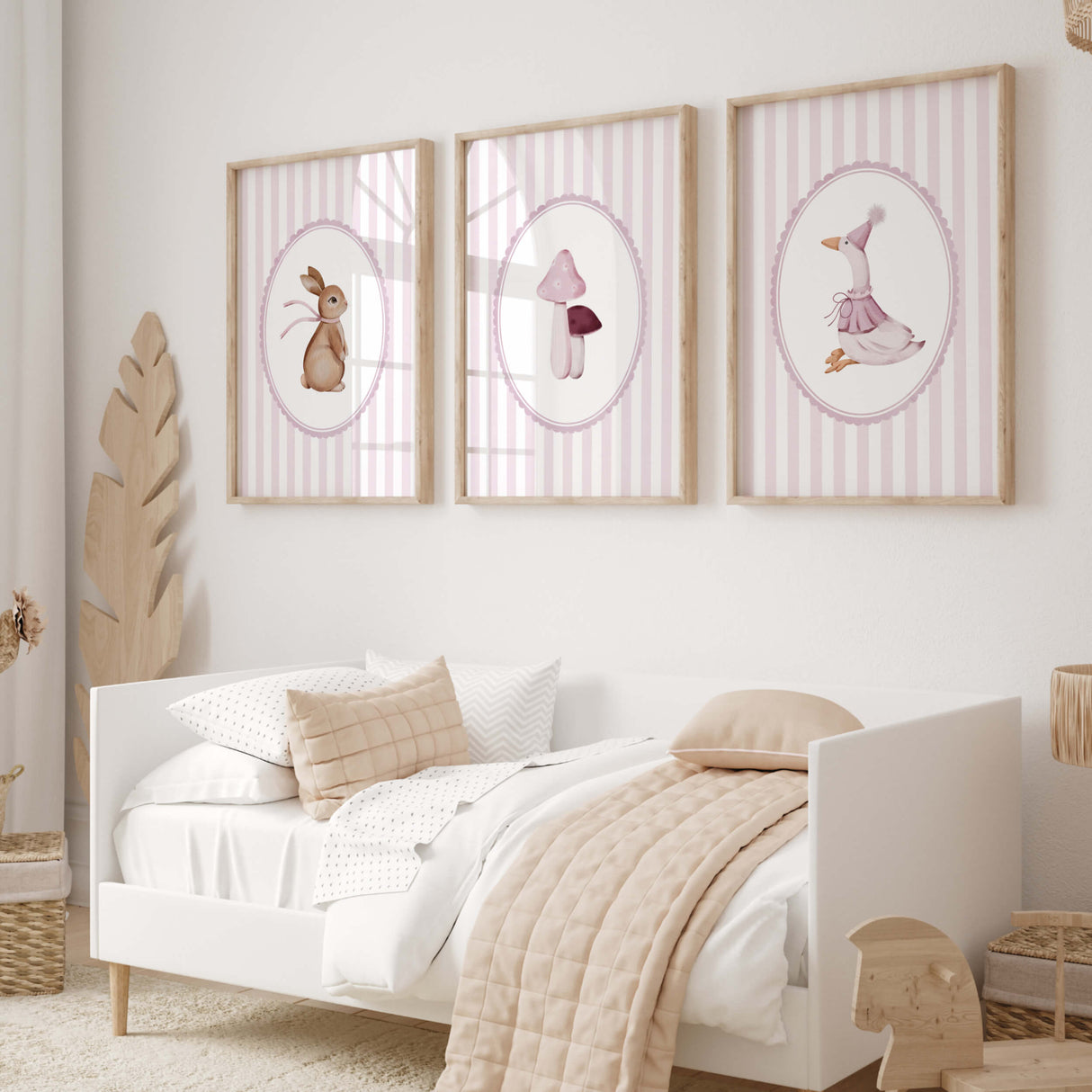 Set of 3 nursery prints featuring rabbit in ribbon goose in dress and mushrooms

