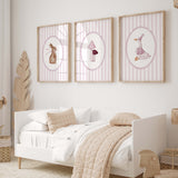 Set of 3 nursery prints featuring rabbit in ribbon goose in dress and mushrooms

