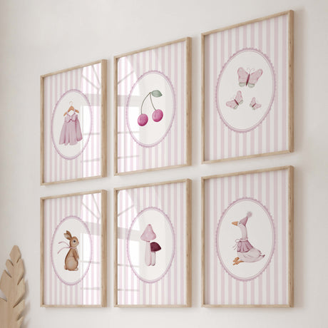 Pink nursery wall art set of 6 with baby dress cherry bunny goose mushrooms and butterflies

