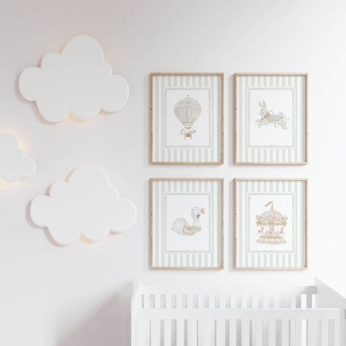 Sage green nursery wall art set with vintage style carousel and swan illustrations.