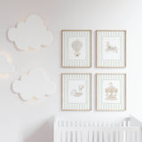 Sage green nursery wall art set with vintage style carousel and swan illustrations.