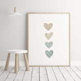 Watercolor boho nursery print with hearts in mint blue, brown and beige colors for gender neutral  nursery decor and kids decor, baby boys room decor, baby girls room decor, boho nursery decor.