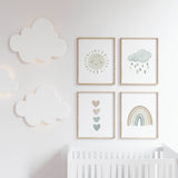 Set of 4 watercolor boho nursery printable with rainbow, sunshine, rain cloud and hearts in mint blue, brown and beige colors for gender neutral  nursery decor and kids decor, baby boys room decor, baby girls room decor, boho nursery decor.