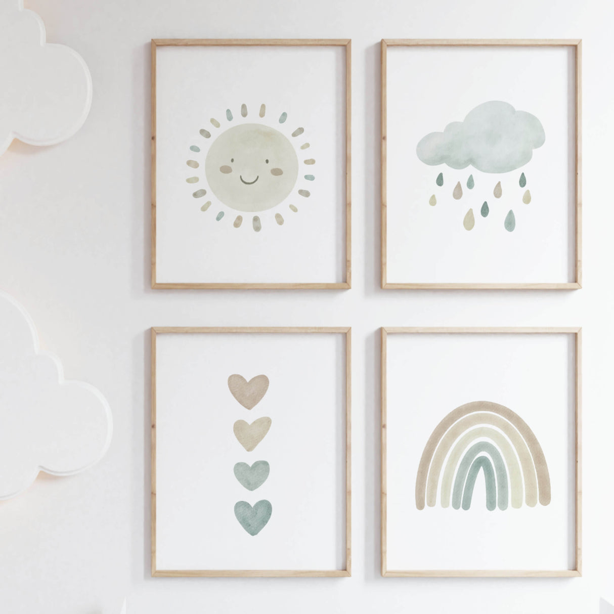 Set of 4 watercolor boho nursery print with rainbow, sunshine, rain cloud and hearts in mint blue, brown and beige colors for gender neutral  nursery decor and kids decor, baby boys room decor, baby girls room decor, boho nursery decor.