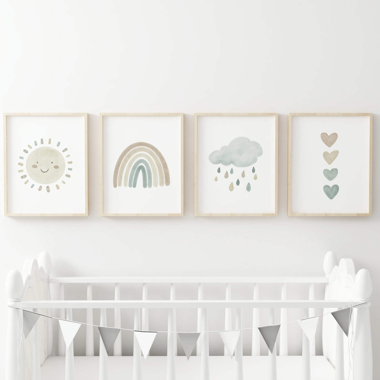 Set of 4 watercolor boho nursery print with rainbow, sunshine, rain cloud and hearts in mint blue, brown and beige colors for gender neutral  nursery decor and kids decor, baby boys room decor, baby girls room decor, boho nursery decor.
