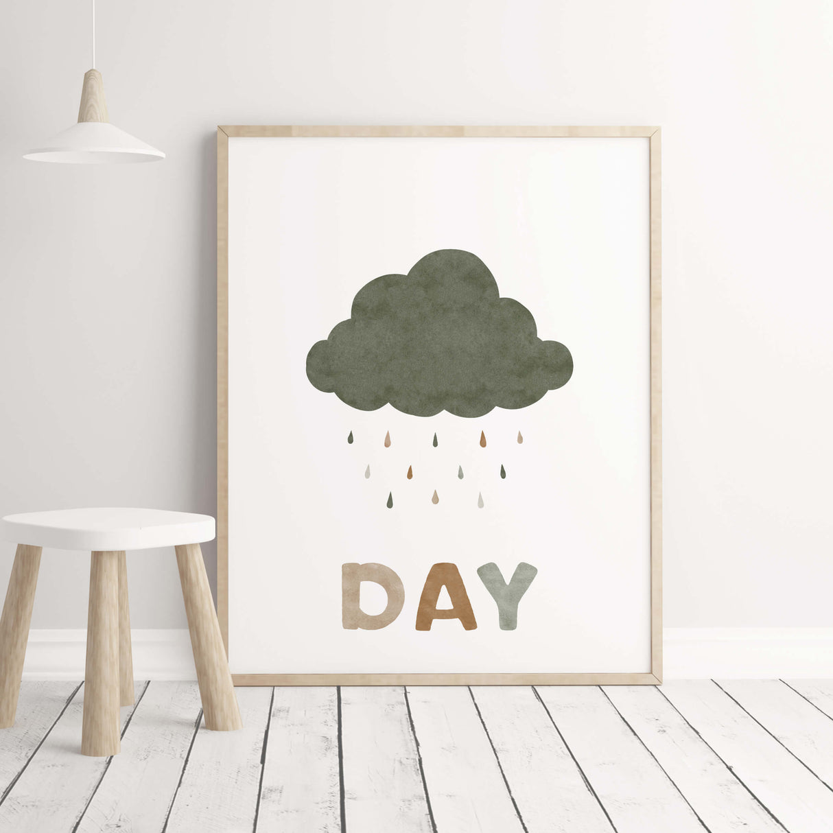Play all day print with sage green, brown and beige colors for neutral nursery ideas.