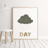 Play all day print with sage green, brown and beige colors for neutral nursery ideas.