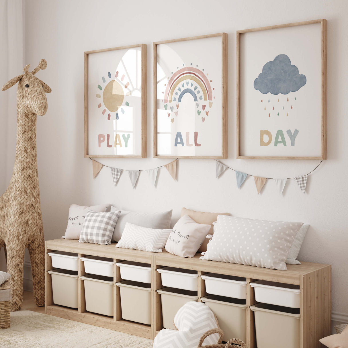 Play all day nursery print with sun, cloud and rainbow for boho nursery decor.