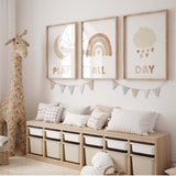 Set of 3 watercolor play all day print with rainbow, moon, cloud in brown and beige colors for gender neutral  nursery decor and kids decor, baby boys room decor, baby girls room decor.