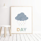 Watercolor cloud nursey print with play all day quote for neutral nursery room decor