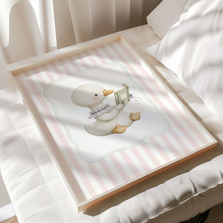 Cute reading duck printable wall art with pink striped background for nursery

