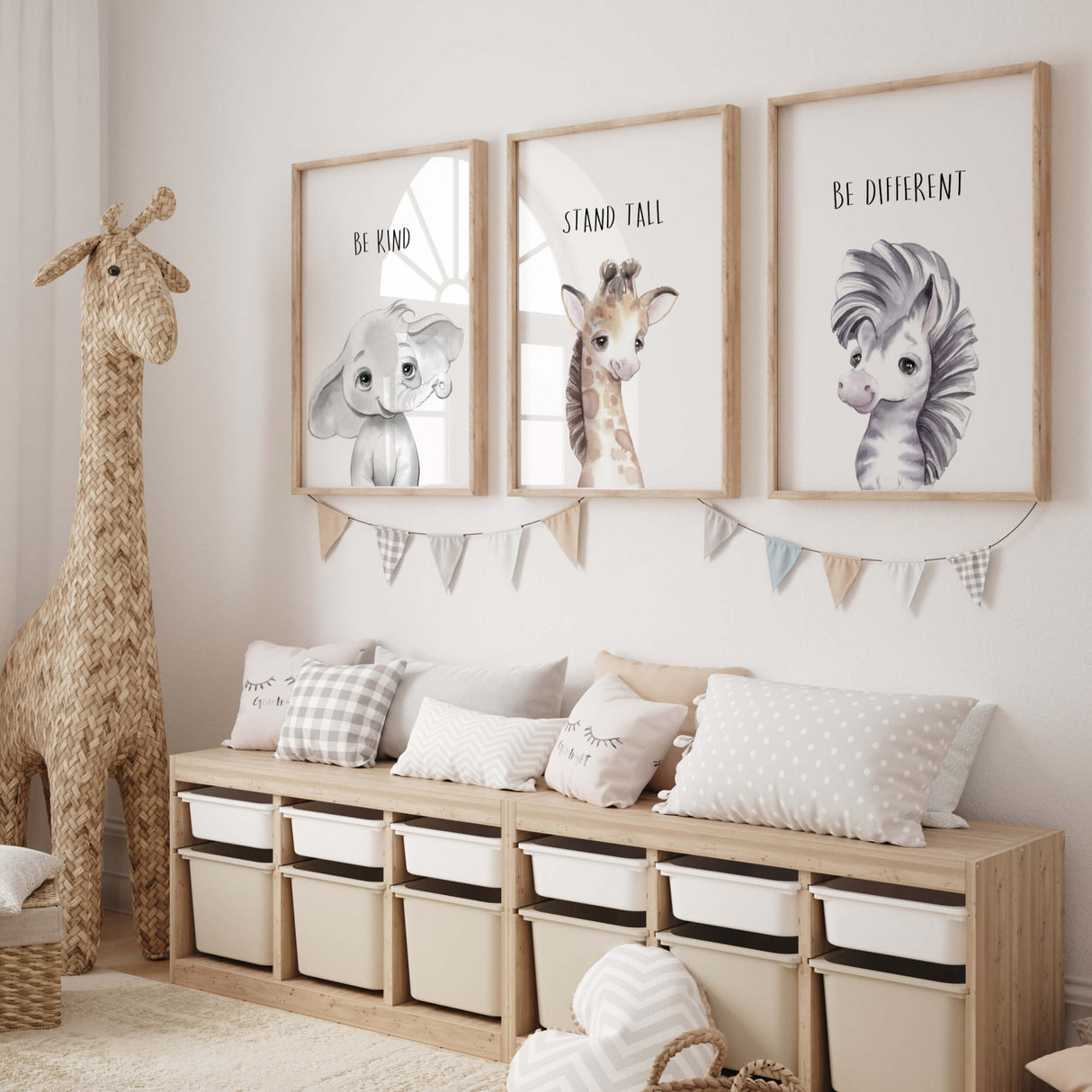 Watercolor safari animal head poster with quote for gender neutral nursery decor, toddler room decor, boys room decor, girls room decor, quotes: be kind, stand tall, be different, be brave, animals: giraffe, elephant, zebra, lion
