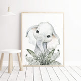 Watercolor elephant with leaves print in beige, gray, sage green colors for gender neutral nursery decor, boho nursery decor, baby boys room decor, baby girls room decor.