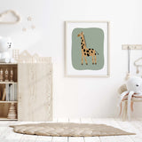 Giraffe animal print with sage green bakcground in scandinavian and minimal style for neutral nursery decor and neutral nursery ideas.