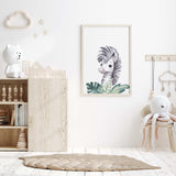 Watercolor zebra with leaves printable for gender neutral nursery decor, toddler room decor, boys room decor, girls room decor.