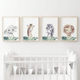 Watercolor safari animals with leaves poster for gender neutral nursery decor, toddler room decor, boys room decor, girls room decor, animals : elephant, giraffe, lion, zebra.