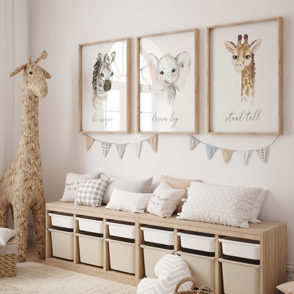 Set of 3 watercolor safari print with inspirational quote for gender neutral nursery decor, boho nursery decor, includes: Elephant - dream big, Giraffe - stand tall,  Zebra - be unique