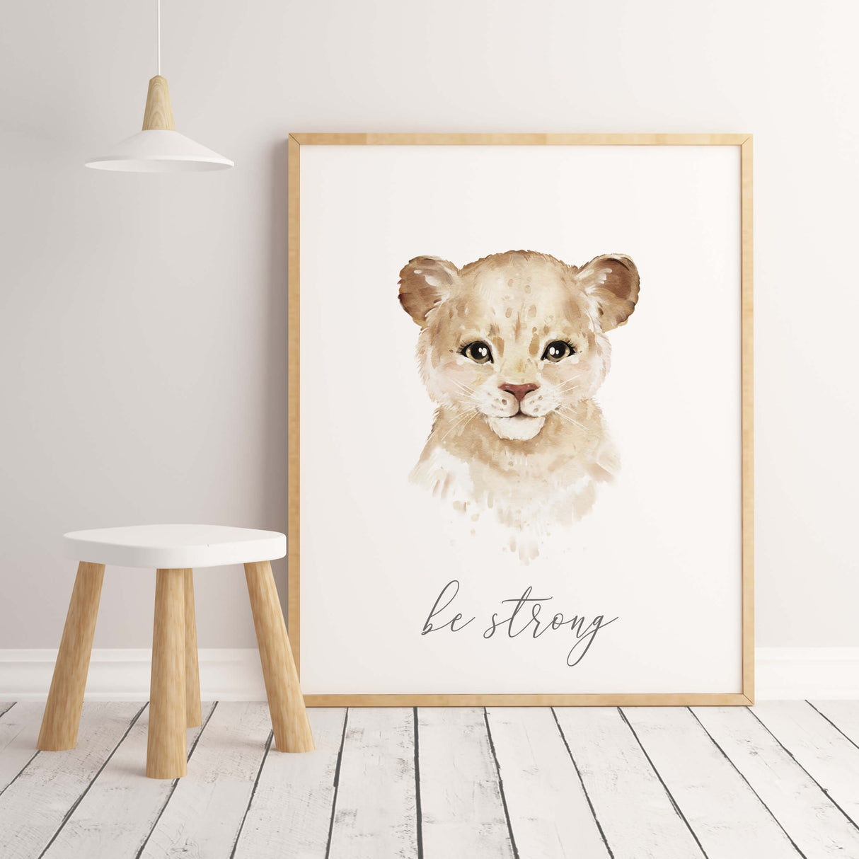 Set of 6 watercolor safari print with inspirational quote for gender neutral nursery decor, boho nursery decor, includes: lion - be strong
