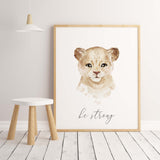 Set of 6 watercolor safari print with inspirational quote for gender neutral nursery decor, boho nursery decor, includes: lion - be strong