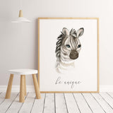 Watercolor safari print with inspirational quote for gender neutral nursery decor, boho nursery decor, includes: zebra - be unique