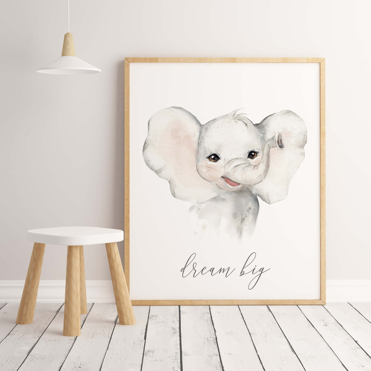 Watercolor safari print with inspirational quote for gender neutral nursery decor, boho nursery decor, includes: elephant - dream big.