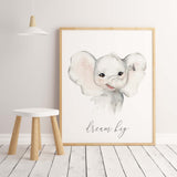 Watercolor safari print with inspirational quote for gender neutral nursery decor, boho nursery decor, includes: elephant - dream big.