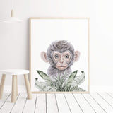 Watercolor safari print with monkey and leaves print  for neutral nursery decor.