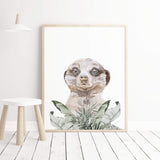Watercolor safari print with mongoose and leaves print  for neutral nursery decor.