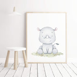 Watercolor rhino with soft pastel earth colors print for gender neutral nursery decor, baby boys room decor, girls room decor.