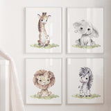 Watercolor safari animals printable for gender neutral nursery decor, toddler room decor, boys room decor, girls room decor, animals : elephant, giraffe, lion, zebra.