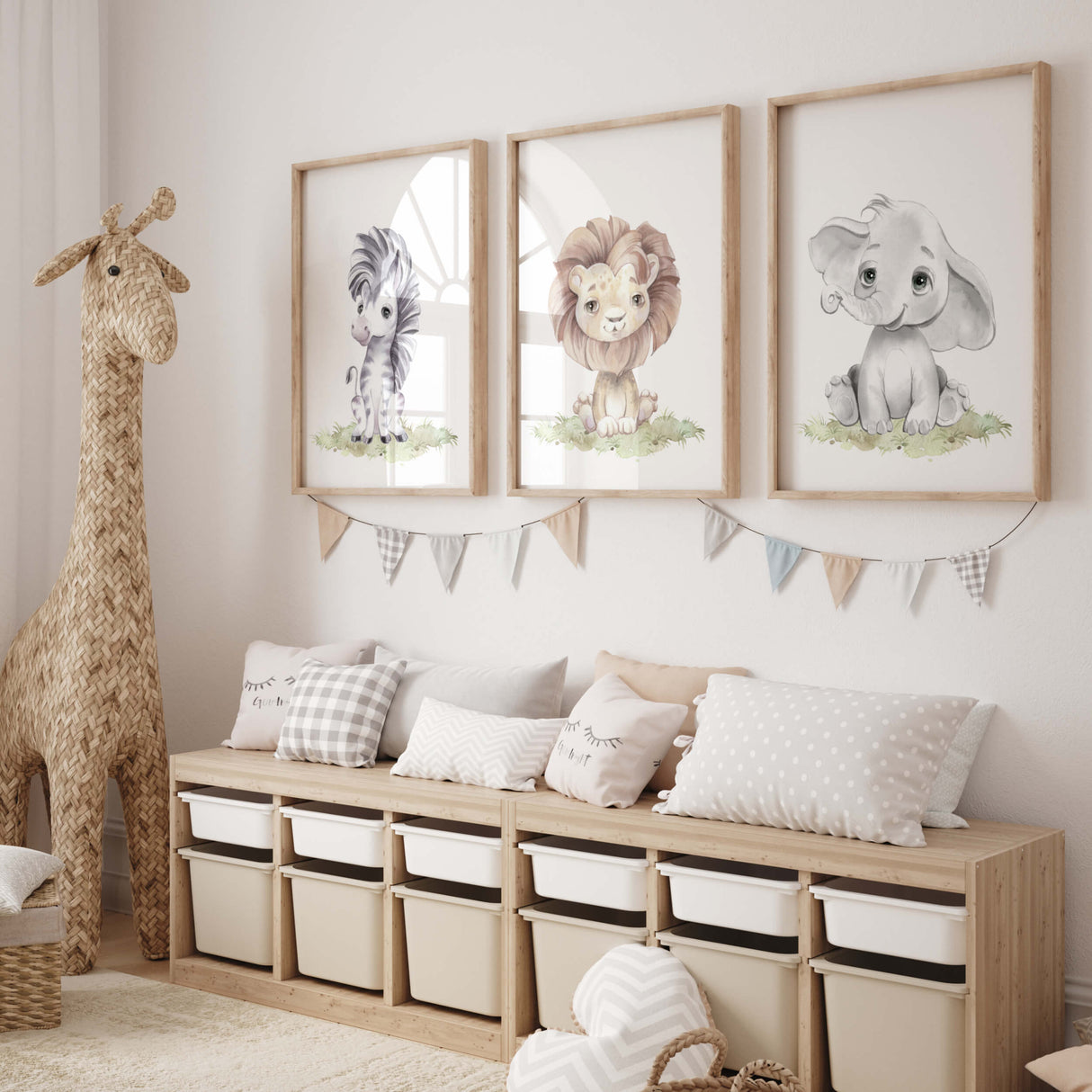 Watercolor safari animals print for gender neutral nursery decor, toddler room decor, boys room decor, girls room decor, animals : elephant, lion, zebra.