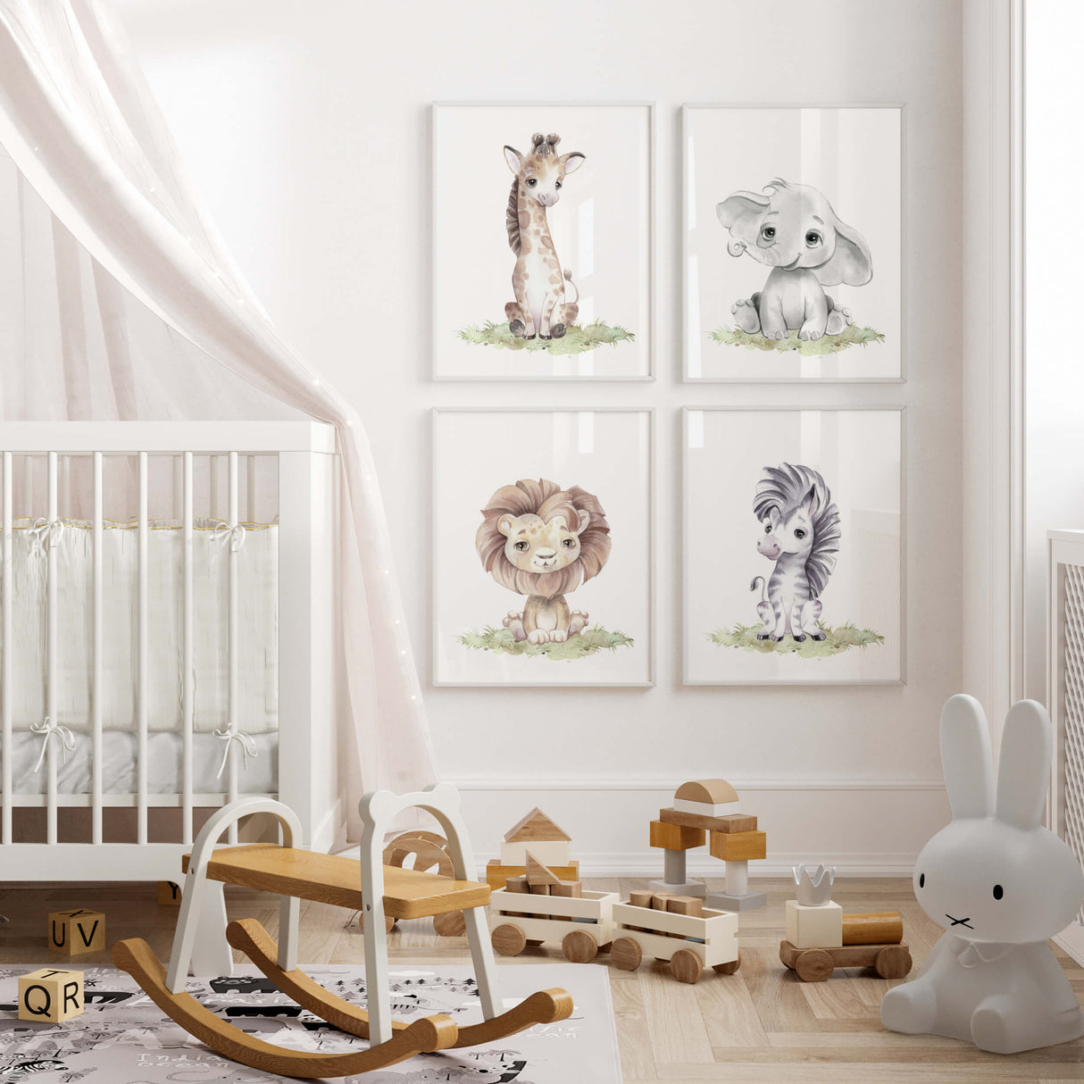 Watercolor safari animals print for gender neutral nursery decor, toddler room decor, boys room decor, girls room decor, animals : elephant, giraffe, lion, zebra.